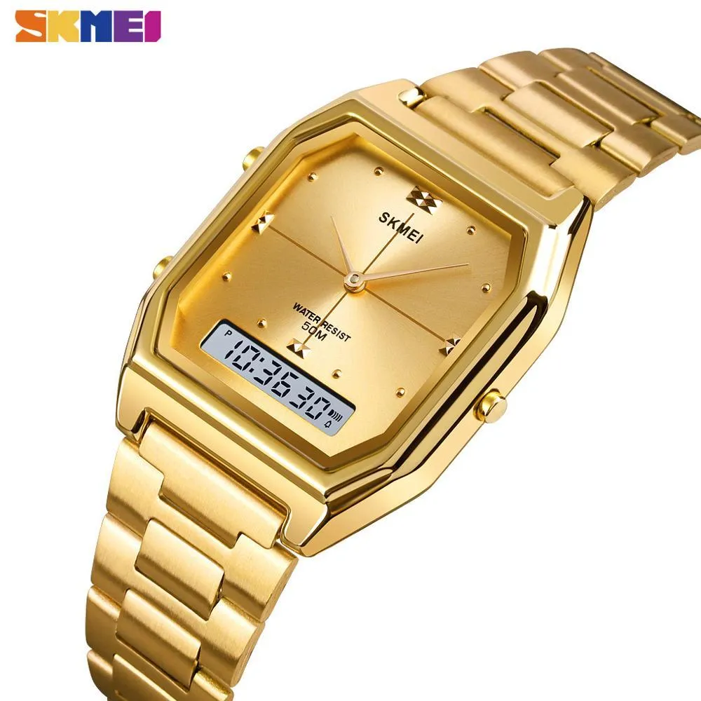 Skmei 3 Time Fashion Mens Clock Stainless Steel Chrono Digital Wristwatches Men Women Waterproof Thin Lady Male Alarm Hour 1612 Q0524