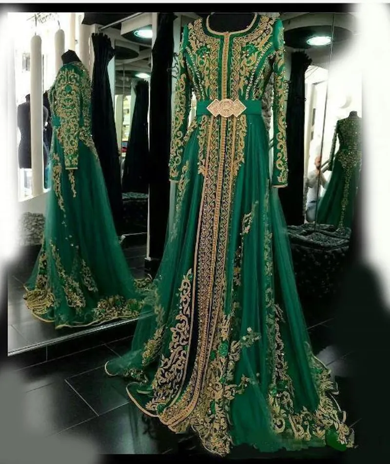 Luxury 2022 Emerald Green Muslim Formal Evening Dresses Crystals Pearls Beaded Lace Long Sleeves A Line Abaya Dubai Arabic Prom Dress Party Gowns Moroccan Kaftan