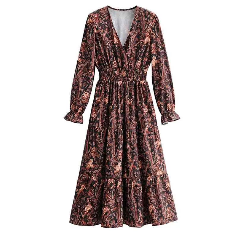 Women Summer Vintage V-Neck Dress Long Sleeve Elastic waist Floral Print Female Elegant Street A-Line Dresses Vestidos FF1081 210513