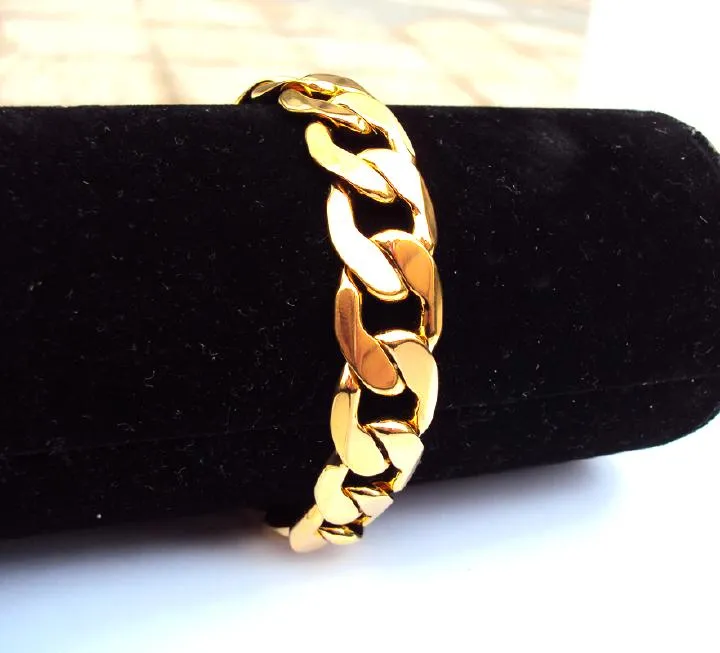 Mens 24 K GF Stamp Link Yellow G/F Solid Fine Gold 8.9" 12mm Bracelet Gourmette Bijoux