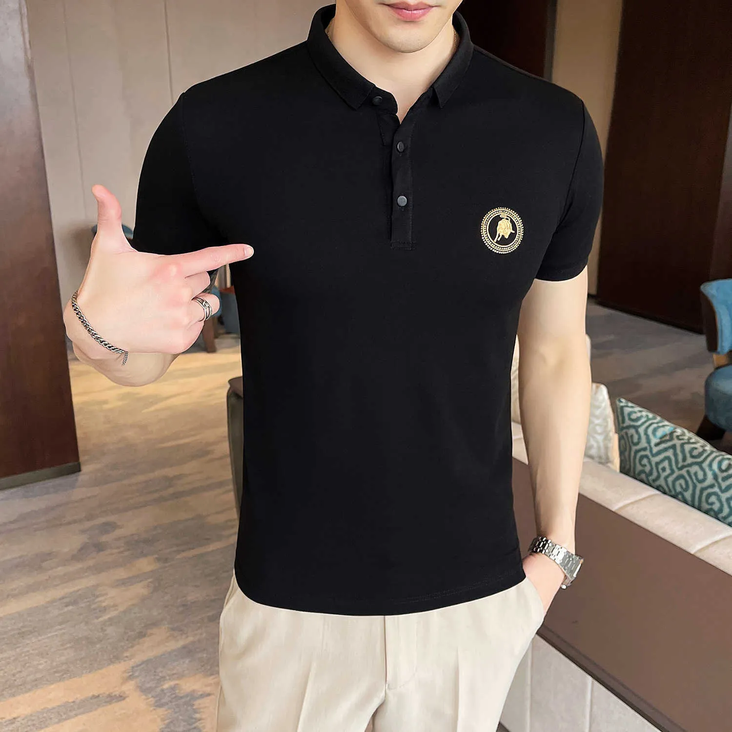 Summer POLO Shirts Men Short Sleeve Business Casual Polo Shirts Black White Lapel Slim Fit Streetwear Tee Top Male Clothing 210527