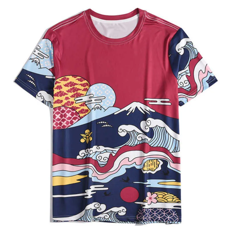 Camisa 3DマスキュリノTシャツデジタル印刷半袖トップス男性日本浮世絵サン波の風景Tシャツ男性210527