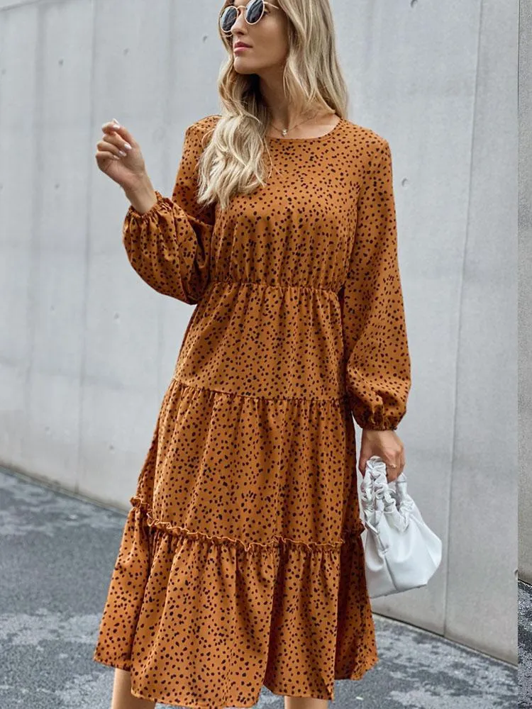 Kadınlar Sıradan Baskı Midi Elbise Moda O boyun boyunlu banliyö Chiffon Puff Sleeve Yüksek Bel Uzun Elbiseler Kadın Vestidos