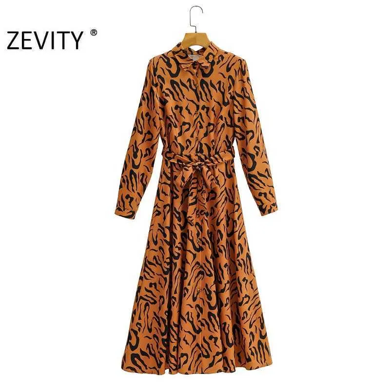 Zevity Femmes Vintage Tiger Print Print Bow Sashes Shirt Robe Bureau Lady Long Manches Viens décontractés Vestidos Chic Robes DS4355 210603