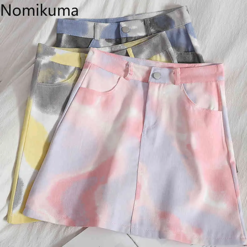 Nomikuma Temperament Denim Mini Skirt Women Tie Dye Printed Summer Korean Style High Waist Skirts Streetwear Faldas Mujer 210514