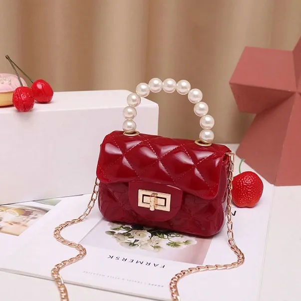 Designer Candy Color PVC Jelly Pearl Handbag With Long Chain And