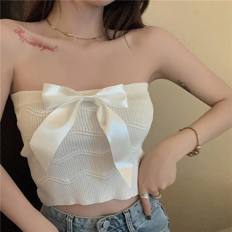 Women's T-Shirt Bowknot Chest-Wrapped Knitted Vest Summer Sexy Outer Wear Tight Strapless Inner Short Bottoming Top Clothing