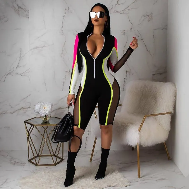 Women's Jumpsuits & Rompers AHVIT Contrast Color Striped Sexy Playsuits Front Zipper Long Sleeve Skinny Romper Stand Collar Knee Length Pant