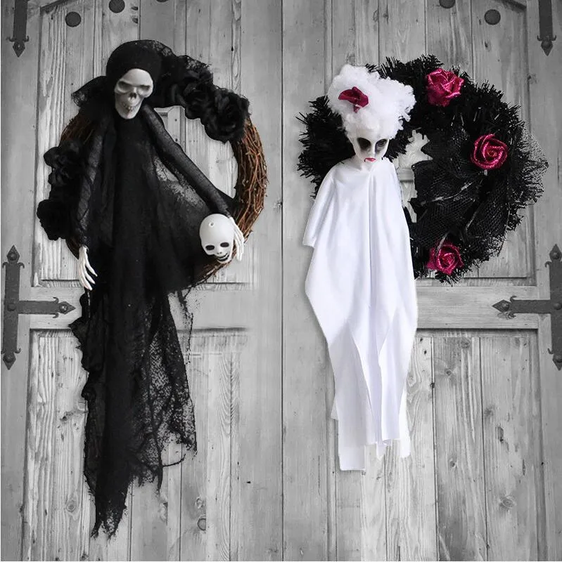 Décoration d'Halloween porte blanche noire suspendue Ghost Horror party guirlande accessoires de maison hantée 10pcs