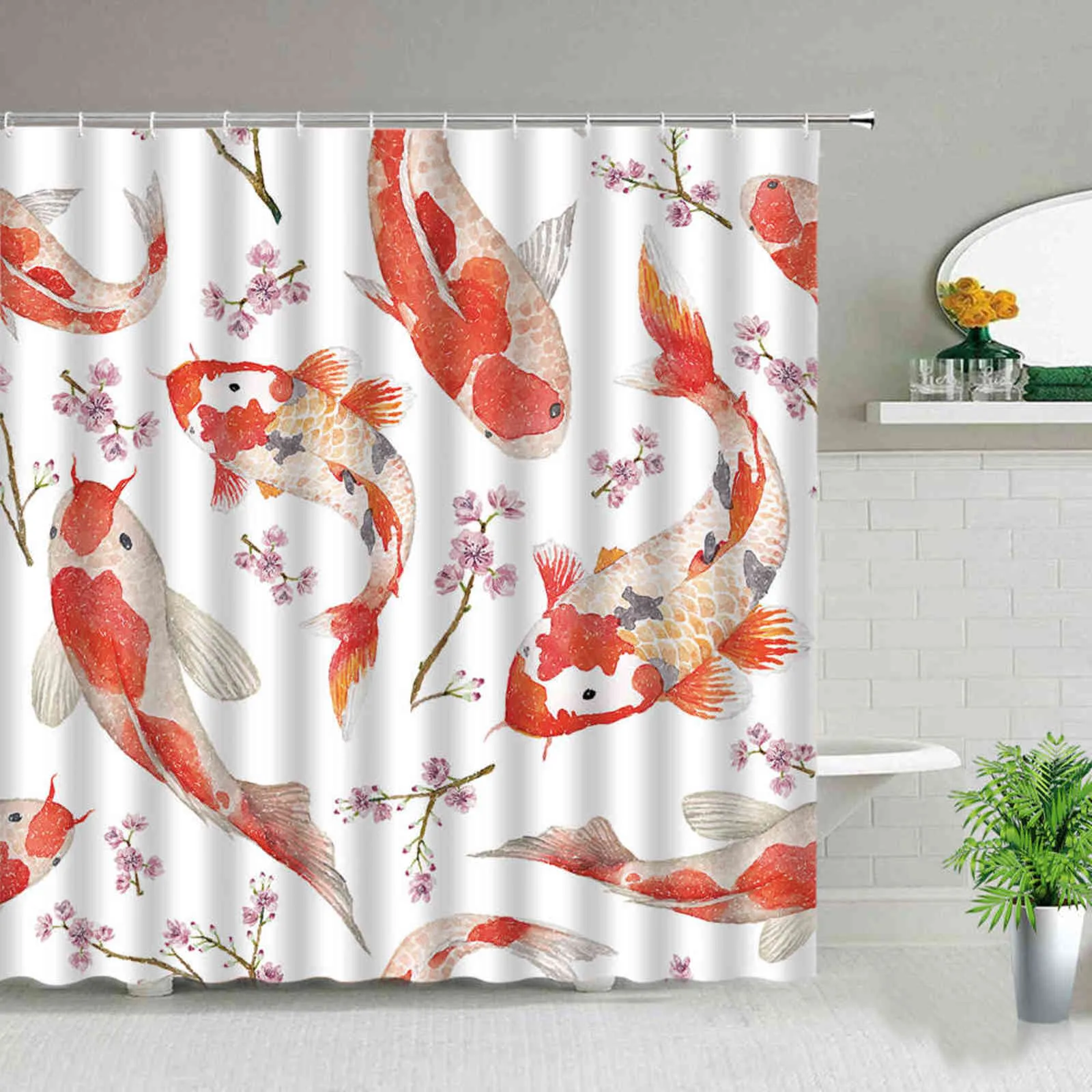 Chinese Style Koi Fish Print Goldfish Shower Curtain Bathroom