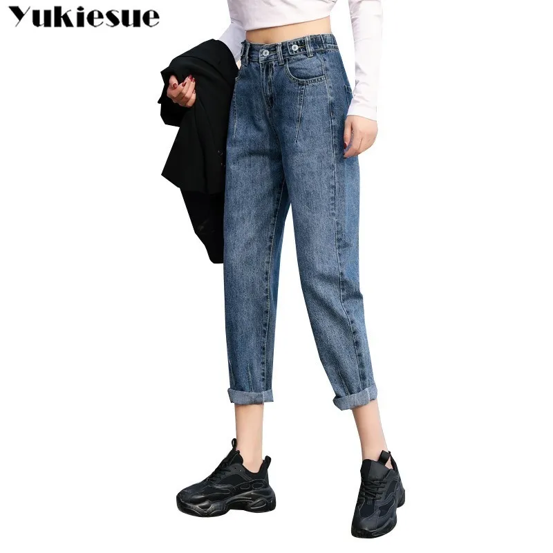 denim bomull jeans kvinna elasticitet hög midja rippad pojkvän jeans för kvinnor plus storlek mamma jeans blå lösa harem byxor 210519
