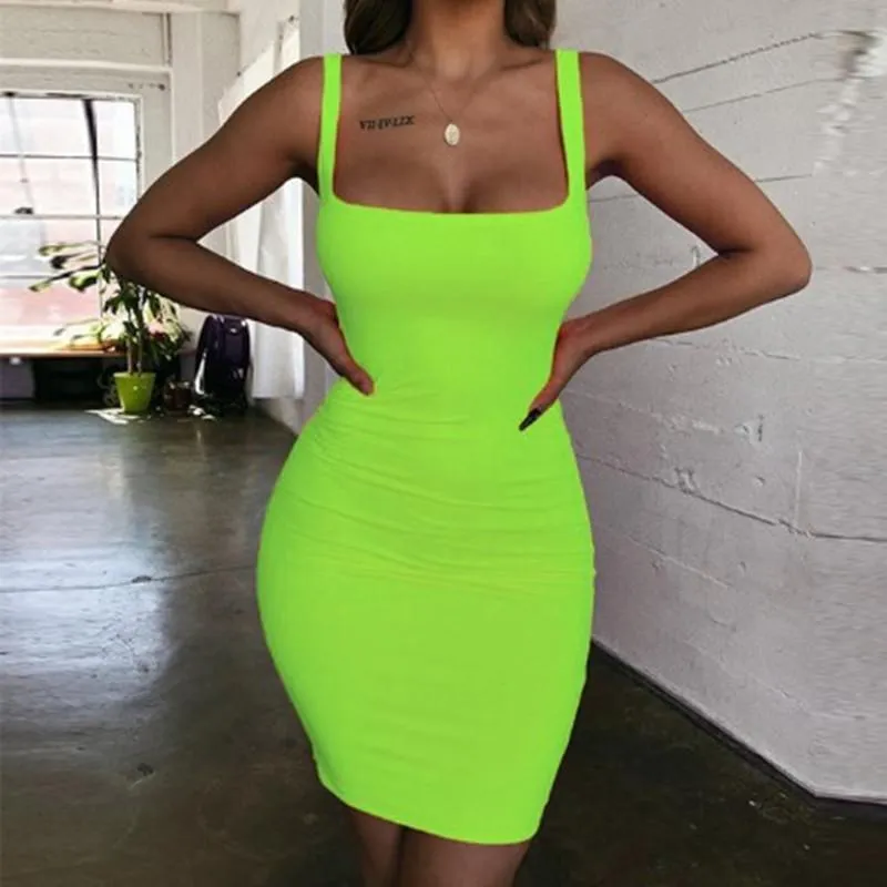 Vestidos casuales Mujeres Sling Bodycon Dress Summer Square Neck Backless Wrap Hip Sexy Neon Green Sin mangas Club Party Mini Mujer