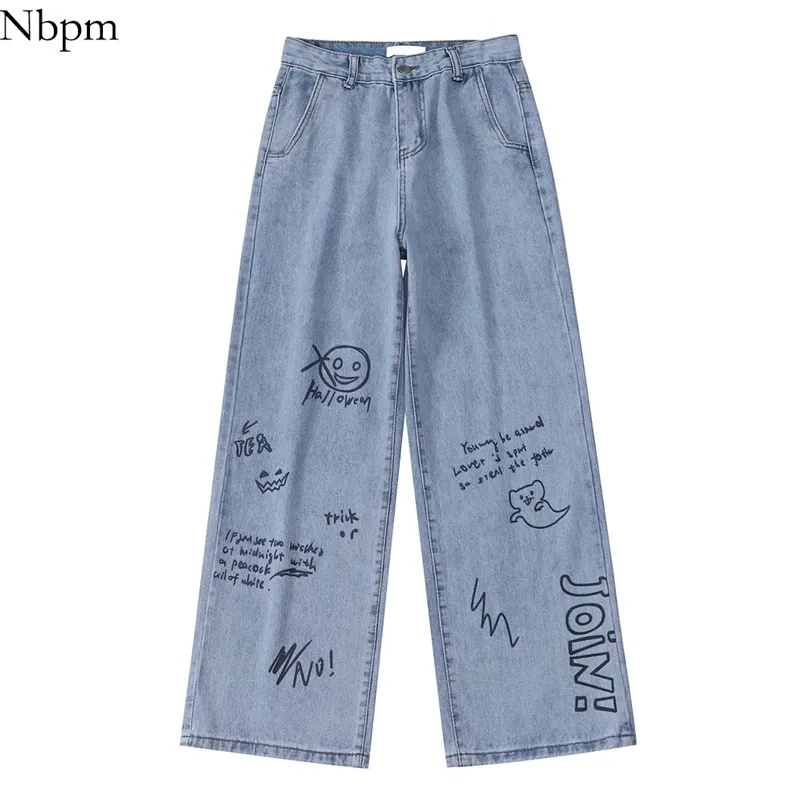 Nbpm Fashion Embroidery Cartoon Graffiti Women's Cute Jeans Wide Leg Woman High Waist Baggy Streetwear Pants Trousers 210708