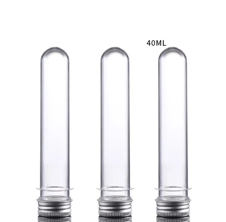 100pcs / lot 40ml Masque transparent Bain Sel Test Sel Tube Pet Tube Bouteille 40cc Bouteilles en plastique transparent Tube cosmétique avec capuchon en aluminium SN3204