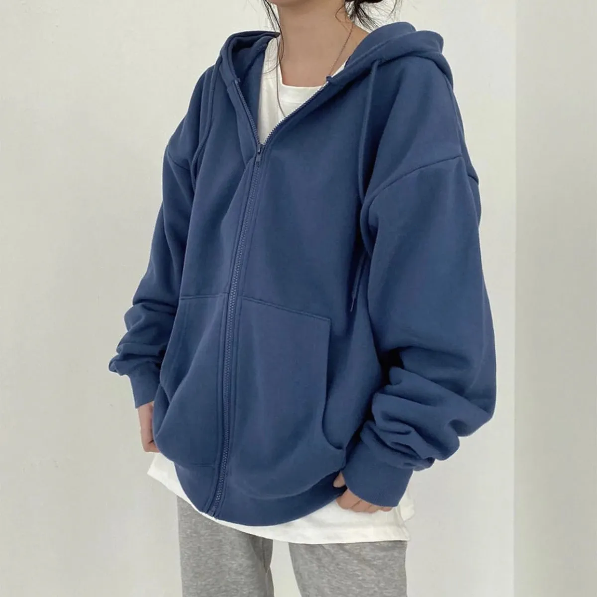 Vrouwen Hoodies Effen Kleur Zip Up Pocket Oversized Harajuku Koreaanse Sweatshirts Vrouwelijke Lange Mouwen Hooded Streetwear Casual Top