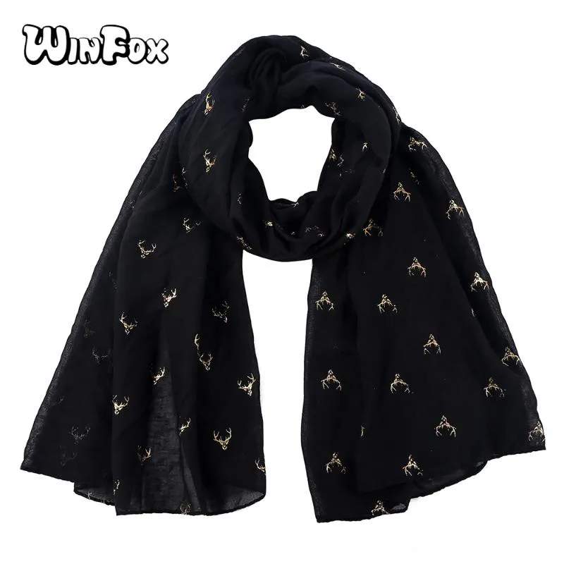 Winfox Moda Bianco Nero Abbronzante Oro Alce Cervo Testa di Cervo Sciarpa Morbida Scialli Per Donna Donna Bandane regalo di Natale