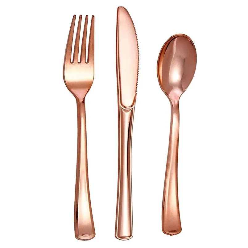 Cubiertos de plástico de oro rosa de 75 piezas - Juego de cubiertos desechables - Cubiertos de plástico pesado - Incluye 25 tenedores, 25 cucharas, 25 cuchillos 211216