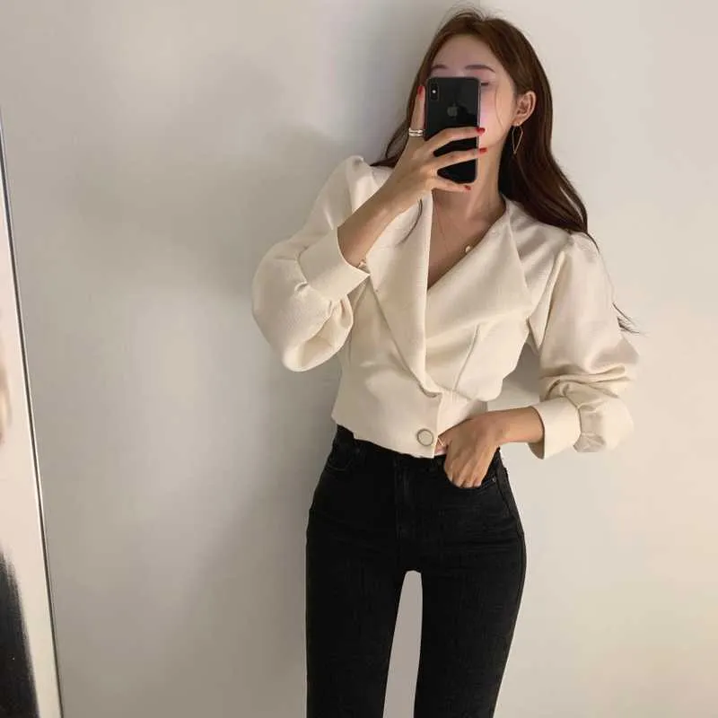 Blazer Suits Chic Kore Basit Beyaz Kısa Yaka Blazer Ceket Kadın Moda Uzun Kollu İki Düğme Mizaç Coat 210610 Tops