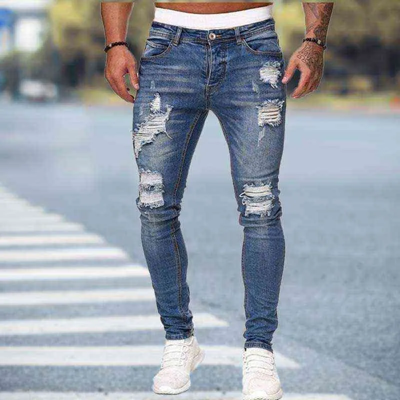 Svarta mager jeans män rippade jeans man 2021 nytt casual hål sommar gata hip hop slim denim pants man mode jogger byxor h287w