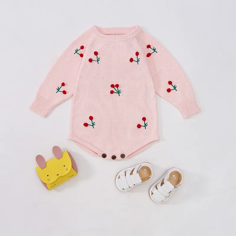 Baby Knitted Woolen Jumpsuit Girls Cherry Long-sleeved Infant Bag Fart Warm Romper 210515