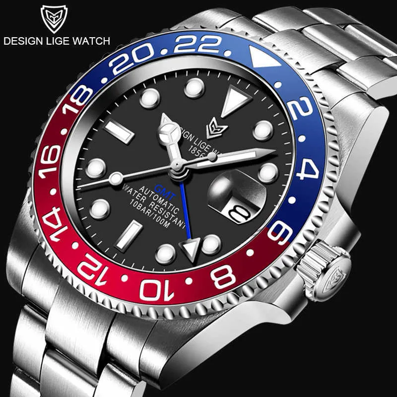 LIGE Sapphire Watches For Men Luxury Brand Ceramic Bezel GMT Automatic Watch 100M Waterproof Sport Mechanical Men Watch 210527