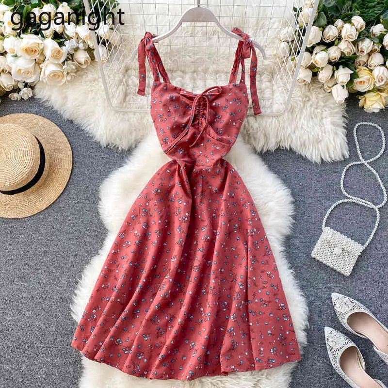 Gaganight Floral Women Beach Holiday Maxi Dress senza maniche Slim scollo a V Sexy Girls Summer Dresses Fashion Vestidos Chic 210519