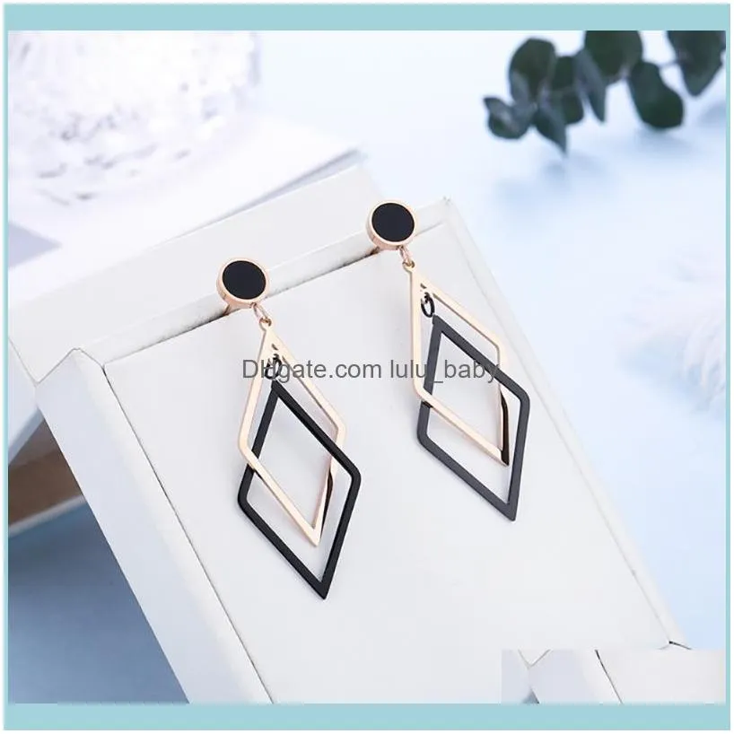 Stainless Steel Rose Gold Black Geometric Prism Round Stone Drop Women Earrings Jewelry Gift For Him Dangle & Chandelier