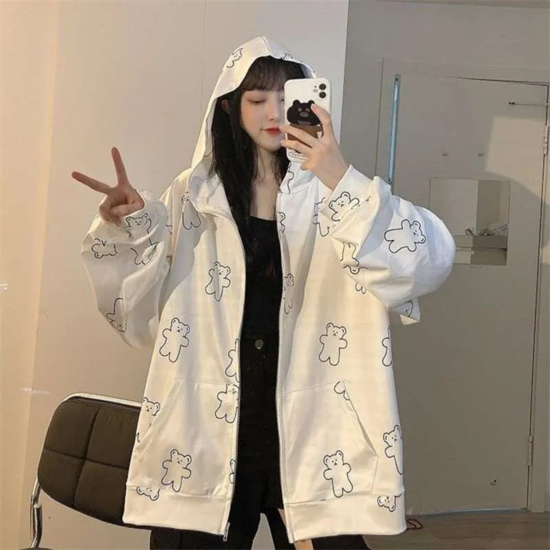 Harajuku björntryck hoodie med dragkedja kvinnor sweatshirt tunna koreanska våren höst vit överdimensionerade hoodies ytterkläder tonåringar 210928