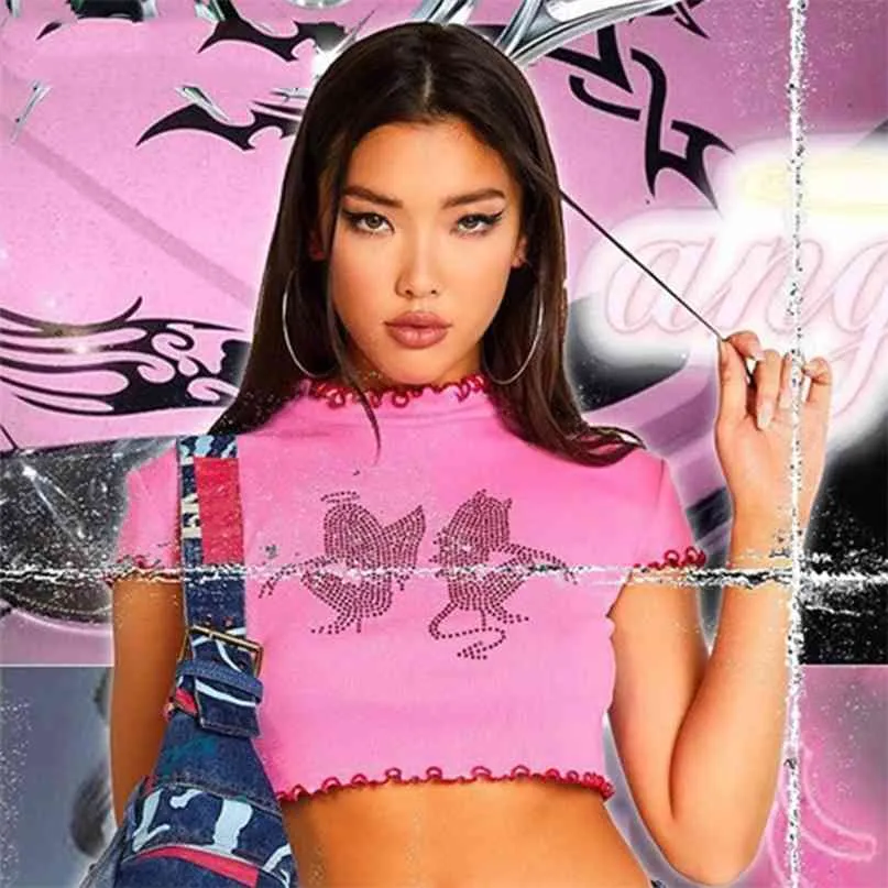 Angel Diamond Graphic Ruffles Hem Pink T-shirts Punk 90s Streetwear O-neck Short Sleeve 210607