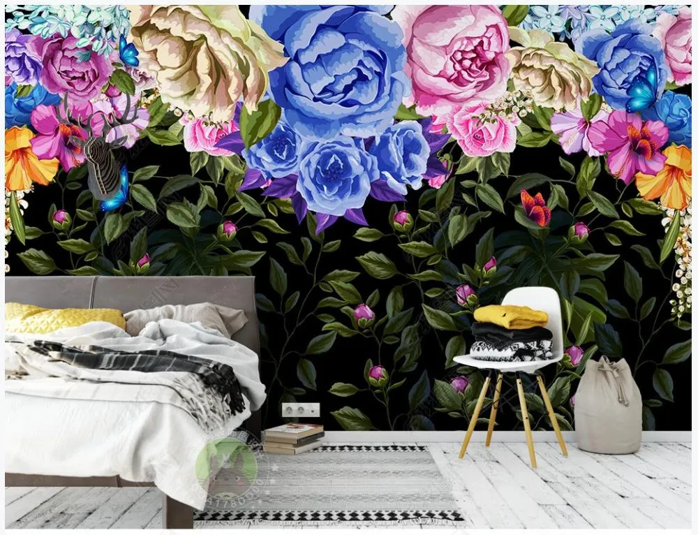 Custom wallpaper 3d murals wallpapers Modern Hand drawn retro color rose flower mural for living room TV background wall papers home decoration