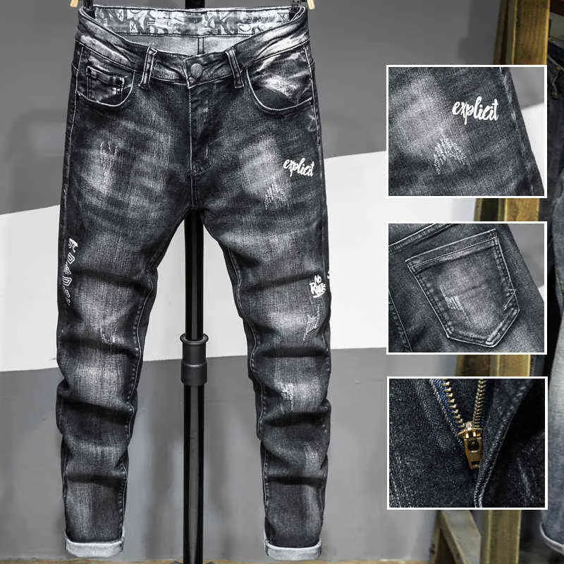 Męskie Spodnie Dżinsy Dla Mężczyzn Denim Spodnie Biker Wysokiej Jakości Mężczyzna Slim Casual Designer Fashion Boys Hip Hop Streetwear G0104