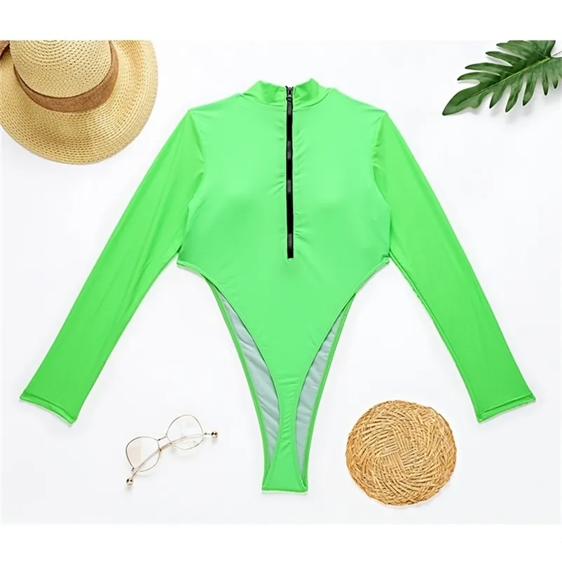 Sexy Neon Green Swimsuit Mulheres Manga Longa Swimwear Pescoço Monokini S-L Menina Zipper Back Thong Thong Suit 210520