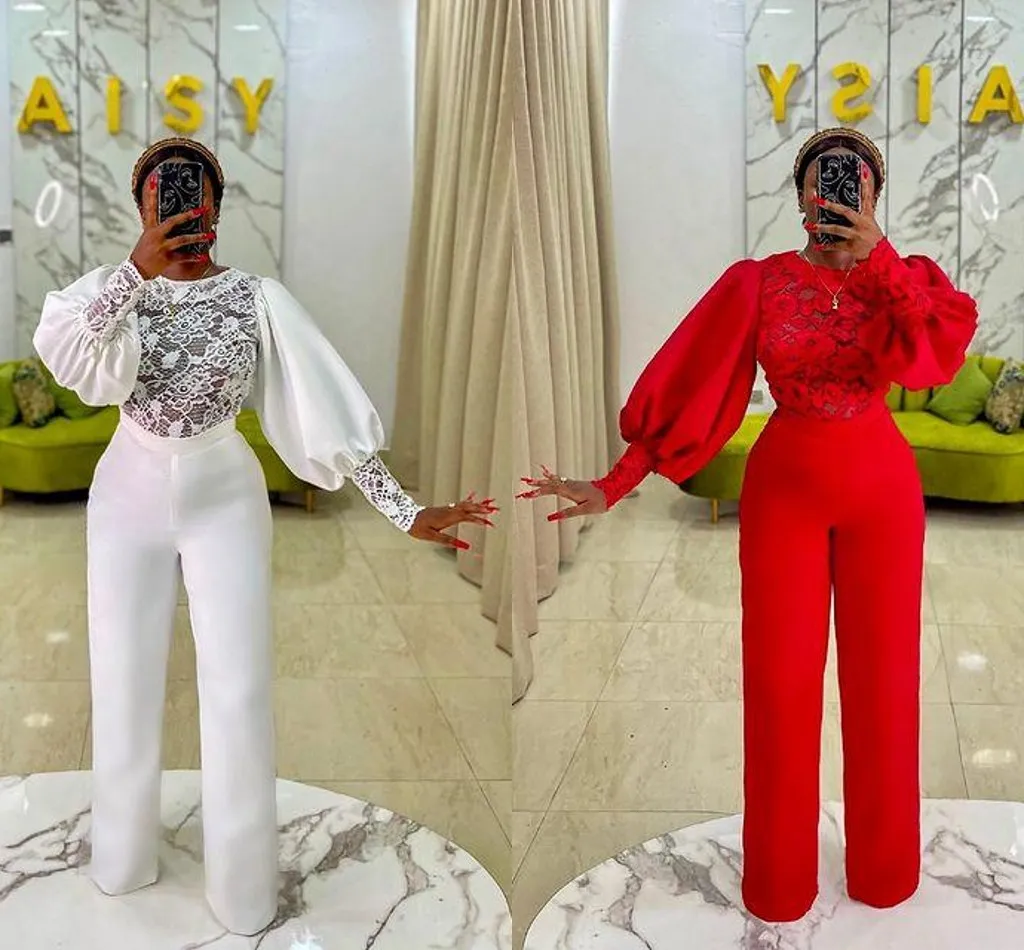 Red Plus Size Jumpsuits Prom Dresses Lace stain Long Sleeve African Women Formal Evening Gowns with Pant Suits