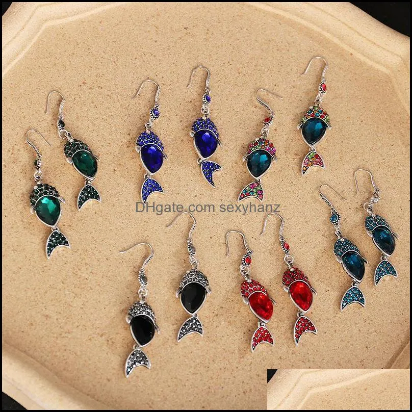 Women Full Diamond Fish Model Dangle Earrings Retro Long Pattern Bride Ear Hook Colorful Ethnic Style Animal Round Earring Stud Jewelry Accessories