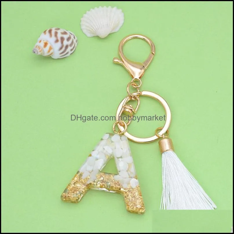 Gold Tassel Alphabet Keychain English Letter Keyring Glitter Gradient Resin Gold Leaf Crafts Car Mirror Handbag Charms 468C3