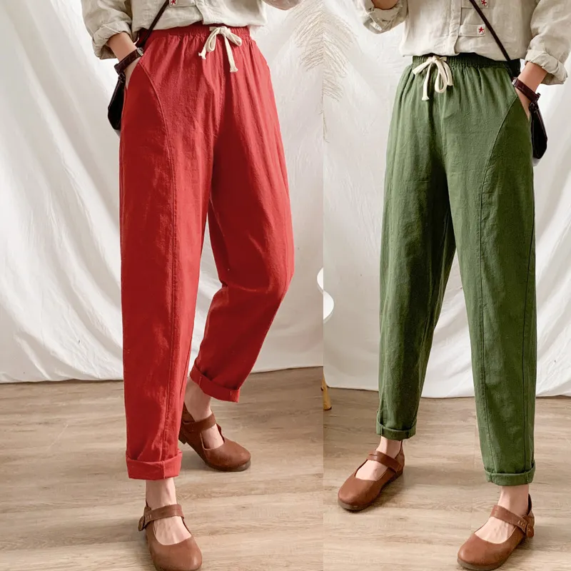 Womens pants Spring Summer Casual Cotton Linen Solid Elastic waist Harem long Trousers Female outwear plus size 210524