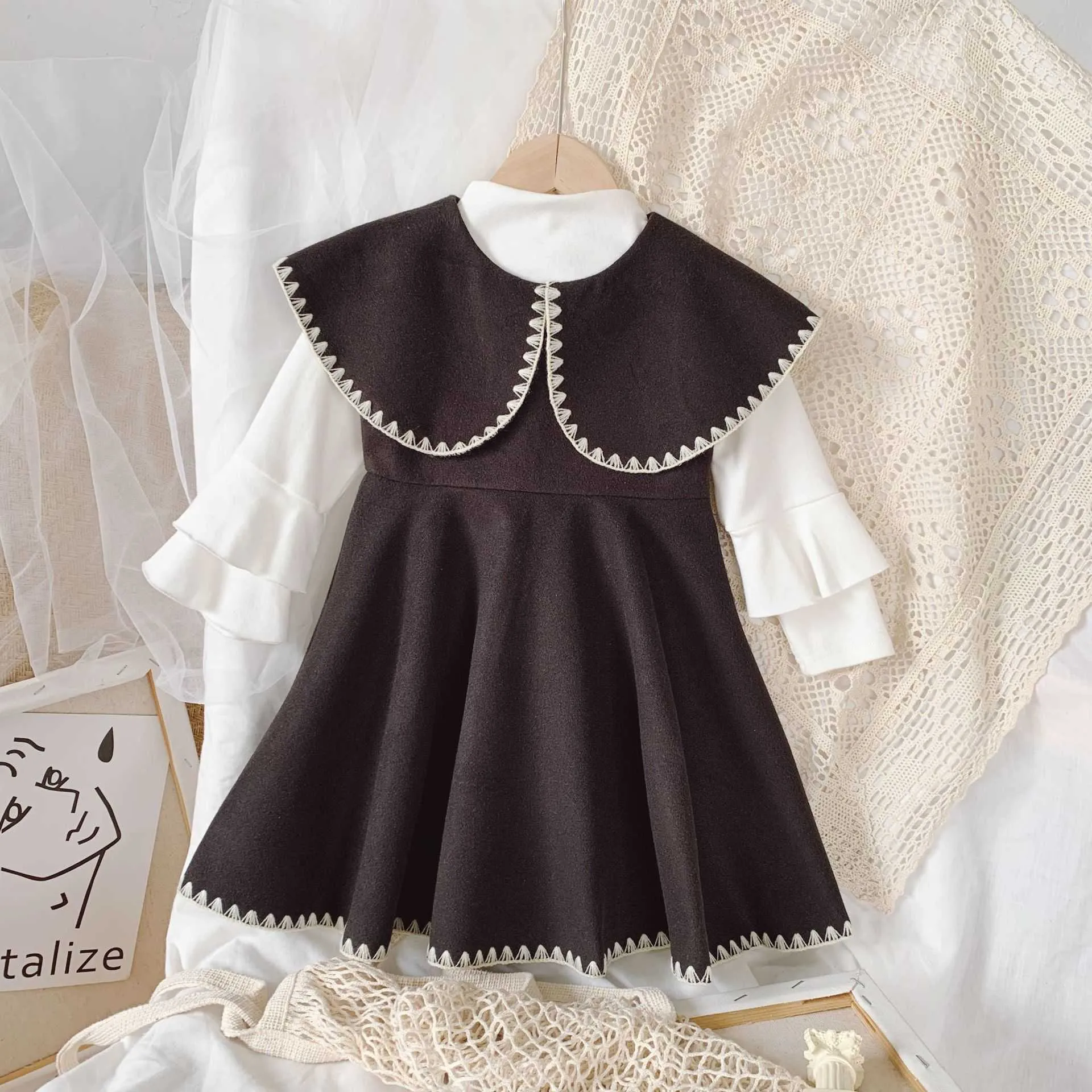 2021 Girls Fall Lapel Sleeveless Dress Kids Dresses for Wholesale Bulk Clothes Little Costume Q0716