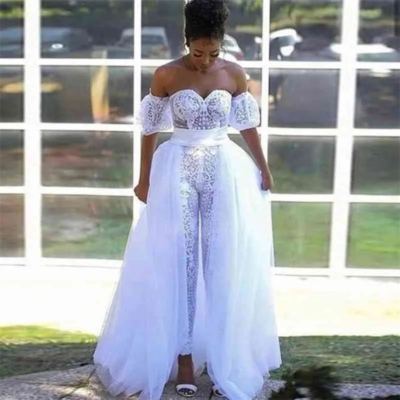 White Satin Mulher Bridal Jumpsuit With Skirt With Detachable