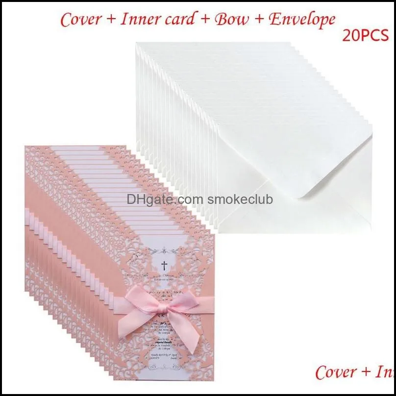 Greeting Cards B9HF 20pcs Wedding Invitations Card Hollow Invite Envelopes With Ribbon Bridal Shower