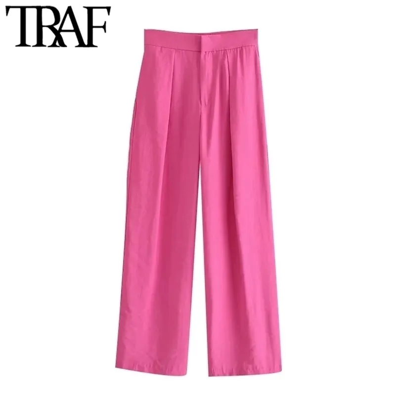TRAF Женщины шикарные моды боковые карманы широкие брюки ног Урожай высокая талия на молнии муха женские брюки моджер 21115
