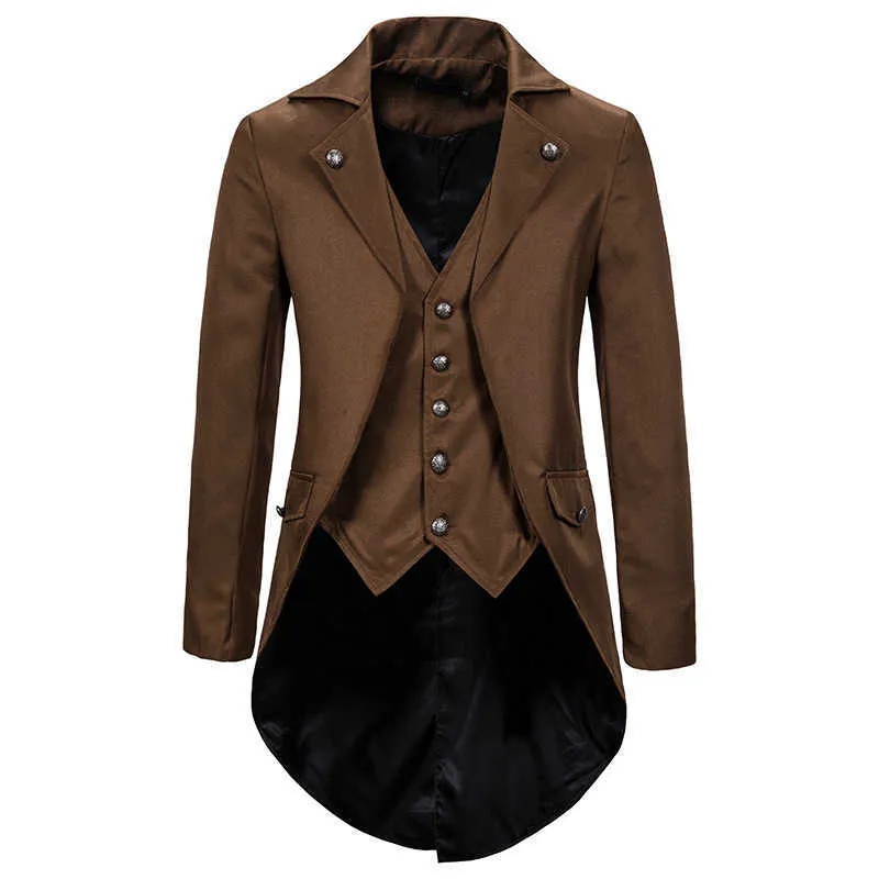 Retro Mens Gothic Blazers Jacket Coats Medeltida Steampunk Män Blazer Fake Två Pieces Victorian Tuxedo Coat Men Cosplay Kostym 211011