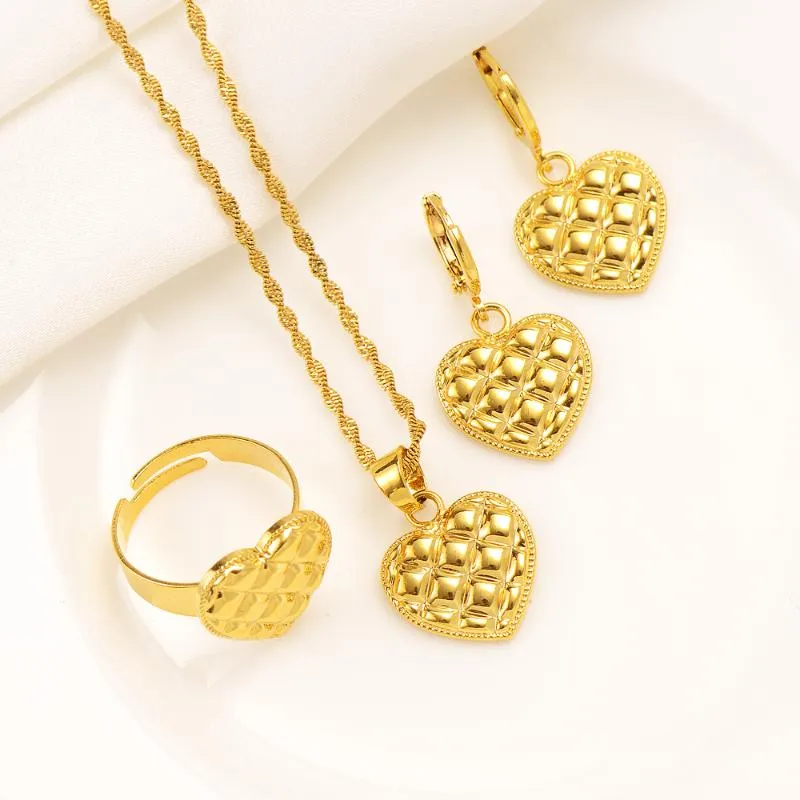 Earrings & Necklace 22k Yellow Gold 18ct THAI BAHT G/F Water Waves Chain Earring Pendant Ring Set Love Heart Soft Outfit Design Charms