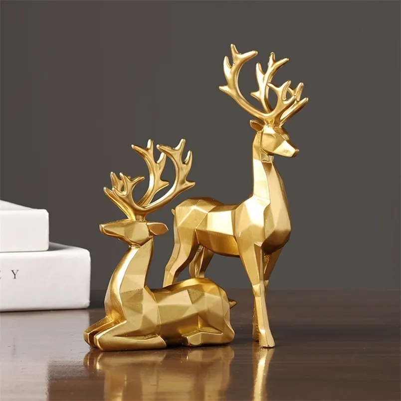 Nordic Christmas Reindeer Figurine 2 Pcs Geometric Resin Sitting Standing Elk Deer Statue For Home Office Decoration He 211105