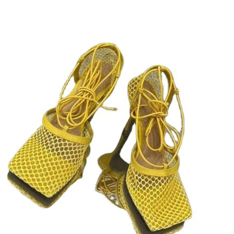 Dress Shoes INS Women Party Sexy Yellow Mesh Pumps Sandals Female Square Toe High Heels Lace Up Rome Cross-tied Stiletto Hollow