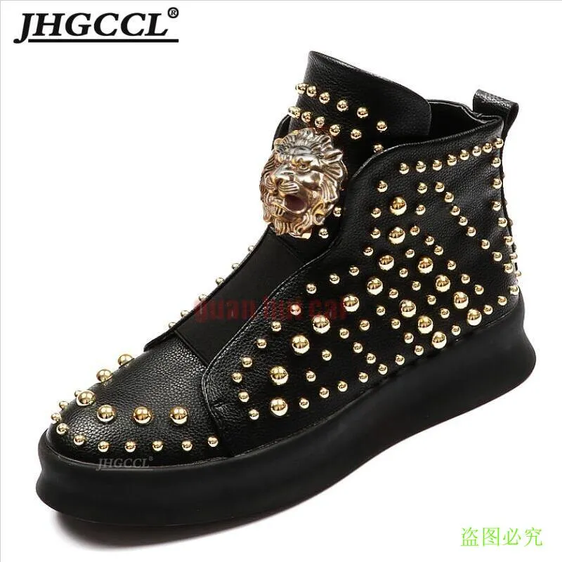 Mens Designer Boots RED banquet prom dress printing rivet shoe High quality rivets shoes Women's casual Boot chaussure homme luxe marque A25