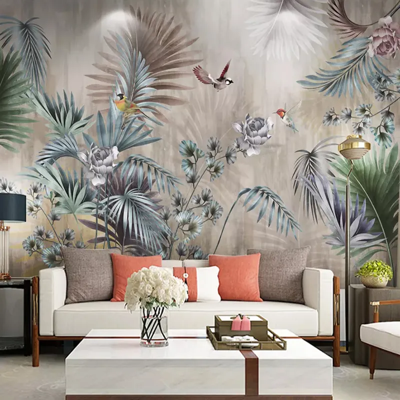 Benutzerdefinierte Fototapete für Wände 3D Nordic Pflanze Blätter Blumen Vögel Wandbild Retro Wohnzimmer Sofa TV Hintergrund Wandpapier
