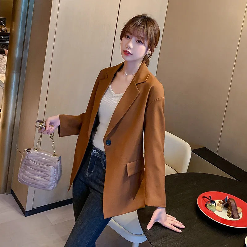 Chic Loose Women Blazer Spring Autumn Female one button Suit Jacket Full Sleeve Outwear blaser femme 210524