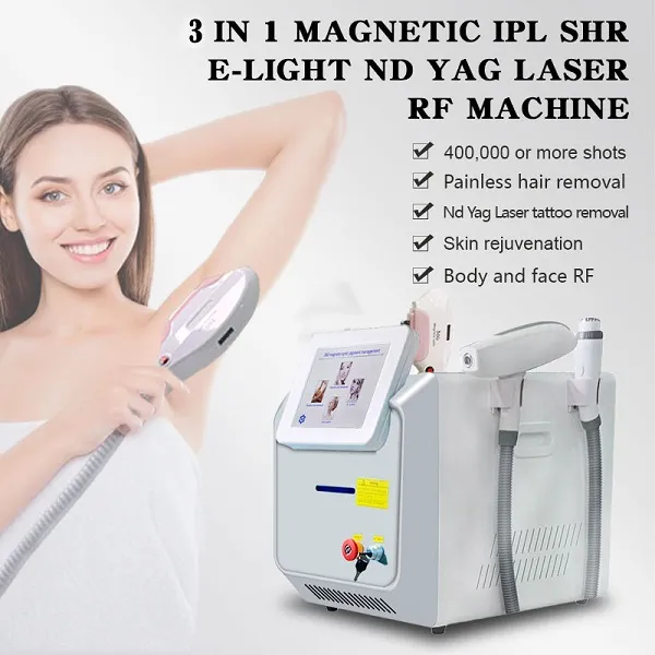 3 in 1 macchina di bellezza multifunzionale Ipl hr Laser Nd Yag rimozione permanente dei peli / interruttore q Dispositivo per salone di rimozione tatuaggi epilatore