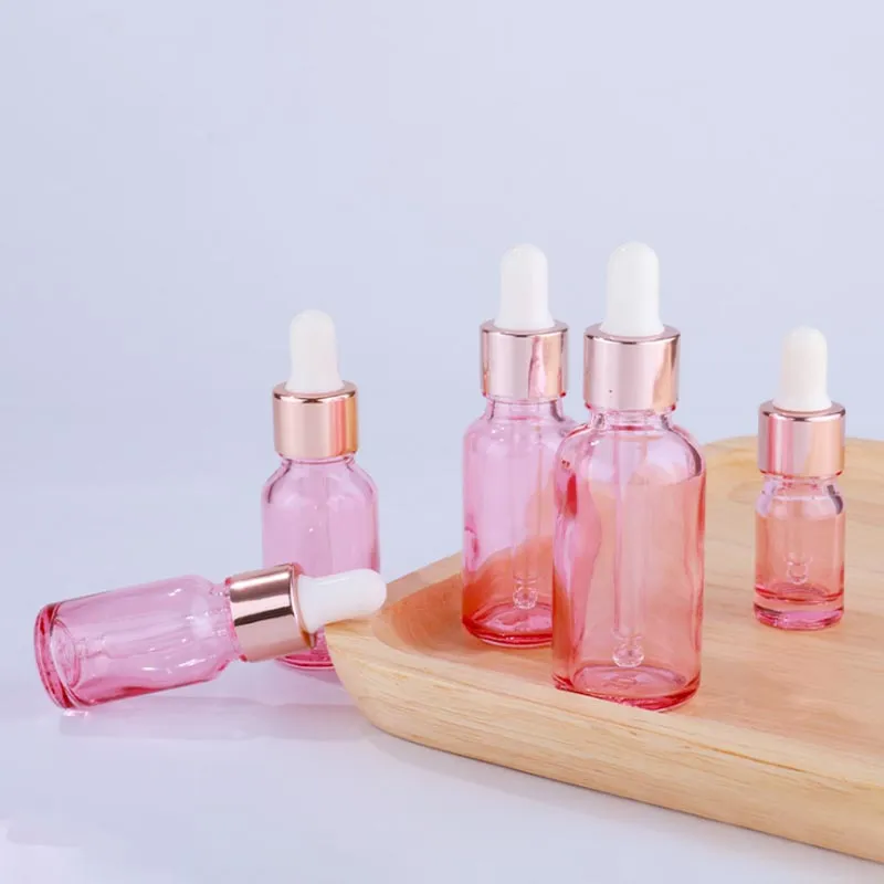 Pink Glass Dropper Bottle 5-100ml Luxury Serum Bottles with Shinny Rose Gold Cap for Essential Oil