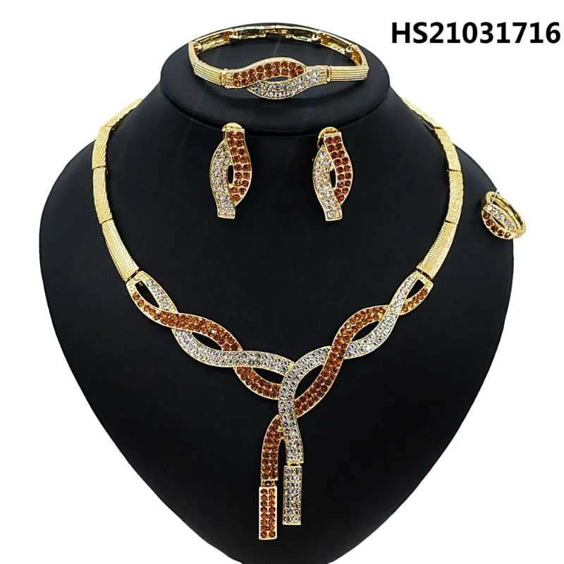 Yulaili Est Dubai Złoto Biżuteria Zestawy Czerwony Rhinestone Naszyjnik Kolczyki Charm Brallblball Ring Women Party Jewellery Set Hurt